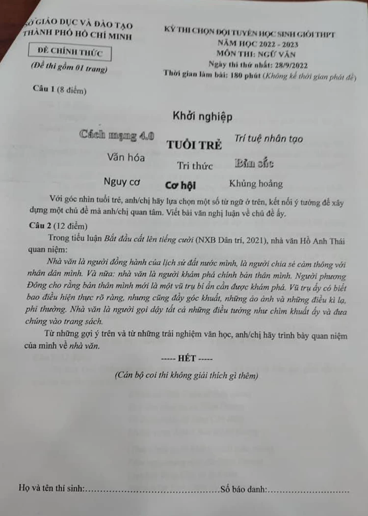 Đề thi chọn đội tuyển học sinh giỏi THPT của TP. HCM