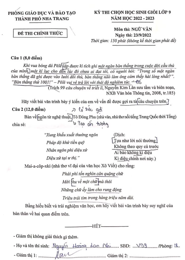Đề thi chọn HSG lớp 9 thành phố Nha Trang