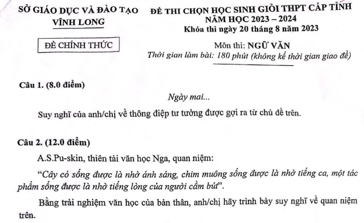 Đề thi chọn HSG THPT tỉnh Vĩnh Long